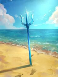 absurdres artist_name beach blue_sky cloud commentary english_commentary footprints highres hololive hololive_english idfasler no_humans ocean polearm sand sky trident virtual_youtuber weapon
