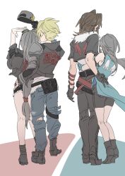 2boys 2girls arm_around_waist arm_up armor bare_legs bare_shoulders baseball_cap belt bike_shorts black_boots black_gloves black_hair black_jacket black_pants black_shoes blonde_hair blue_cardigan blue_pants boots brown_hair cardigan cloud_strife cloud_strife_(rider_style) commentary_request couple denim denim_shorts final_fantasy final_fantasy_vii final_fantasy_vii_ever_crisis final_fantasy_viii frayed_skirt from_behind full_body fur-trimmed_jacket fur_trim gloves goggles goggles_on_head hand_on_another&#039;s_hip hat height_difference highres holding holding_unworn_clothes holding_unworn_hat hug in-franchise_crossover jacket jeans jewelry kingdom_hearts kneepits long_hair multiple_boys multiple_girls official_alternate_costume oshibainoticket pants print_jacket ring rinoa_heartilly shirt shoes short_hair short_shorts shorts shoulder_armor single_glove spiked_hair squall_leonhart standing tifa_lockhart tifa_lockhart_(lifeguard) torn_clothes torn_pants unworn_hat unworn_headwear white_shirt wing_print