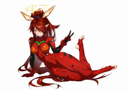 1girl barefoot bodysuit breasts character_request copyright_request cosplay hair_over_one_eye halo highres long_hair looking_at_viewer lying mecha_pilot_suit medium_breasts on_side one_eye_covered onion-lc plugsuit_(evangelion) pointy_ears ponytail red_bodysuit red_hair skin_tight smile souryuu_asuka_langley souryuu_asuka_langley_(cosplay) stirrup_legwear toeless_legwear v very_long_hair white_background yellow_eyes