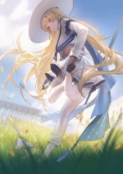 1girl blonde_hair blush boots feet grass highres large_hat left_shoe_removed long_hair looking_at_viewer looking_back pantyhose parted_lips phoebe_(wuthering_waves) purple_eyes shoes soles toes unworn_boots unworn_shoes white_pantyhose wuthering_waves zhenli-mari