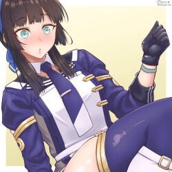 1girl black_gloves black_hair black_skirt blue_hairband blue_necktie blue_ribbon blue_thighhighs breasts brown_hair dated freckles gloves green_eyes hair_ribbon hairband jacket kantai_collection long_hair looking_at_viewer mogador_(kancolle) necktie ribbon shiromaru_(maniado) sidelocks skirt solo thighhighs two-tone_legwear