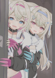 2girls =_hair_ornament bandaid bandaid_hair_ornament blonde_hair blue_eyes claw_(weapon) dog_girl ears_down facing_viewer fake_claws fake_horns fur-trimmed_jacket fur_trim fuwawa_abyssgard fuwawa_abyssgard_(1st_costume) hair_ornament hand_on_another&#039;s_arm headphones headphones_around_neck hololive hololive_english horns indoors jacket looking_at_viewer midriff mococo_abyssgard mococo_abyssgard_(1st_costume) multiple_girls open_mouth opening_door paru_(parunprunpa) peeking_out red_eyes scared siblings sisters twins virtual_youtuber weapon x_hair_ornament