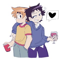 2boys alcohol arm_around_shoulder black_hair blue_sweater blush commentary cup drinking_glass eatbabies0 english_commentary eye_contact flirting heart highres holding holding_cup looking_at_another multiple_boys official_style orange_hair red_wine scott_pilgrim scott_pilgrim_(series) scott_pilgrim_takes_off short_hair simple_background sketch spoken_heart sweater wallace_wells white_background wine wine_glass yaoi