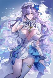 Rule 34 | 1girl, absurdres, blue eyes, blue flower, breasts, cantarella (wuthering waves), commentary, dress, earrings, facial mark, flower, hair between eyes, hair flower, hair ornament, hand up, headdress, highres, jewelry, large breasts, long hair, looking at viewer, maikang0987, mark under eye, parted lips, purple hair, shirt, single thighhigh, smile, solo, thighhighs, very long hair, white dress, white shirt, white thighhighs, wuthering waves