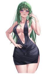 Rule 34 | 1girl, absurdres, black dress, blush, breasts, cleavage, closed mouth, commission, cowboy shot, cropped legs, curvy, dress, evening gown, green hair, hair over shoulder, hand on own hip, hand up, highres, large breasts, long hair, long sidelocks, looking at viewer, navel, no bra, original, purple eyes, see-through silhouette, shiny skin, short dress, sideless dress, sidelocks, simple background, skeb commission, solo, standing, thigh gap, tongue, tongue out, uyufuzi s, white background