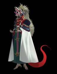 Rule 34 | 1girl, absurdres, black background, cloak, dragon girl, dress, full body, fur-trimmed cloak, fur trim, green dress, highres, jewelry, mask, mayagain, multiple rings, original, ring, sharp toenails, solo, tail, teeth, toenails, tongue, turtleneck, white cloak
