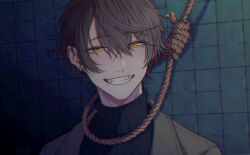 1boy absurdres black_sweater brown_coat brown_hair clenched_teeth coat commentary_request earrings hair_between_eyes hanged highres jewelry looking_at_viewer male_focus mole mole_under_eye mole_under_mouth moxamog original portrait rope short_hair smile solo sweater teeth tile_wall tiles yellow_eyes