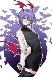 Rule 34 | 1girl, absurdres, alternate costume, arm behind back, artist name, bat (animal), bat wings, bespectacled, black skirt, black thighhighs, blush, breasts, closed mouth, commentary, darkstalkers, glasses, head wings, highres, holding own arm, inhoso, instagram logo, jacket, lilith (darkstalkers), medium breasts, miniskirt, open clothes, open jacket, patreon logo, pointy ears, purple background, purple hair, short hair, simple background, skirt, smile, solo, symbol-only commentary, thighhighs, twitter logo, two-tone background, white background, white jacket, wings