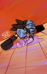 ahoge artist_name black_bow black_headwear black_pants bow character_doll drill_hair from_side grimace_shake_(meme) gwen_(league_of_legends) hair_bow highres league_of_legends mcdonald&#039;s meme no_humans pants poposhirat red_background tile_floor tiles twin_drills twintails