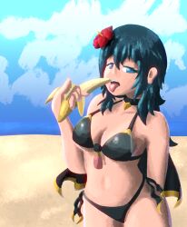 1girl banana beach bikini black_bikini black_cape blue_hair blush breasts cape choker cleavage cloud collarbone female_byleth_(fire_emblem) female_byleth_(summer)_(fire_emblem) fire_emblem fire_emblem:_three_houses flower food fruit hair_flower hair_ornament highres holding holding_food large_breasts long_hair looking_at_viewer nintendo ocean open_mouth sand sexually_suggestive side-tie_bikini_bottom sky soandnb standing swimsuit teeth tongue tongue_out underboob water