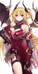 1girl absurdres bare_shoulders black_horns black_tail black_wings blonde_hair blush breasts cleavage commentary_request cowboy_shot demon_girl demon_horns demon_tail demon_wings dress duel_monster ear_piercing earrings hand_on_own_hip heart heart_earrings highres horns jewelry kanzakietc lacrima_the_crimson_tears large_breasts multicolored_hair piercing pink_hair pointy_ears red_dress simple_background solo standing streaked_hair tail two-tone_hair two_side_up white_background wings yu-gi-oh!