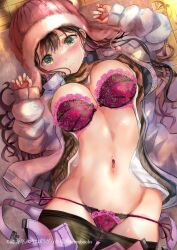 1girl black_pantyhose blush bra breasts brown_hair clothes_lift clothes_pull front-hook_bra green_eyes hat jacket large_breasts lingerie long_hair looking_at_viewer lying melonbooks navel ogata_tei on_back open_bra open_clothes open_jacket original panties pantyhose pantyhose_pull pink_bra pink_panties solo sweater sweater_lift underwear undone_bra unzipped