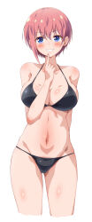 1girl absurdres arm_behind_back bikini black_bikini blue_eyes blush breasts commentary_request cropped_legs eggman_(ni_tamagoex) finger_to_own_chin go-toubun_no_hanayome grin hair_between_eyes halterneck highres large_breasts looking_at_viewer nakano_ichika navel pink_hair short_hair simple_background smile solo standing stomach string_bikini swimsuit thighs white_background