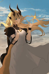 1girl absurdres aqua_eyes arknights backlighting black_gloves black_shirt blonde_hair brown_horns cloud commentary day dress fire gloves hachimin8_(shrine_kyo) hand_on_own_chest highres horns index_finger_raised long_hair magic outdoors parted_lips pyrokinesis reed_(arknights) reed_the_flame_shadow_(arknights) shirt single_glove solo spaghetti_strap standing turtleneck turtleneck_shirt white_dress
