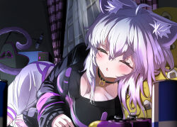 1girl ahoge animal_ear_fluff animal_ears barona black_hoodie blush breasts cat_ears cat_girl cat_tail closed_eyes controller game_controller highres hololive hood hoodie large_breasts lying medium_hair nekomata_okayu nekomata_okayu_(1st_costume) on_side open_mouth pants purple_hair solo tail virtual_youtuber white_pants