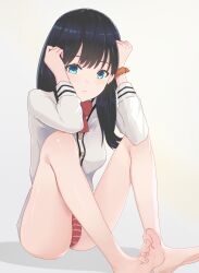 1girl barefoot black_hair blue_eyes dankesang feet gridman_universe highres long_hair looking_at_viewer panties pantyshot soles ssss.gridman takarada_rikka toes underwear