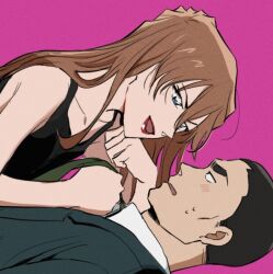 1boy 1girl black_dress blue_eyes blush brown_hair buzz_cut commentary_request czech_gana dress eye_contact formal_clothes green_necktie hagiwara_chihaya holding_necktie looking_at_another meitantei_conan necktie pink_background short_hair smile suit sweatdrop thick_eyebrows upper_body very_short_hair yokomizo_jugo