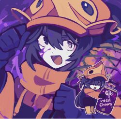1boy :d animal_hat black_eyes black_gloves black_hair black_pants boots can chibi chibi_inset drink_can e.g.o_(project_moon) gloves hat heterochromia high_collar highres hong_lu_(project_moon) hood hoodie limbus_company long_hair looking_at_viewer muu_037 net open_mouth opened_can_of_wellcheers orange_hoodie pants project_moon purple_background rubber_boots shrimp smile soda_(e.g.o) soda_can solo sparkling_eyes splatter teeth upper_teeth_only very_long_hair white_eyes
