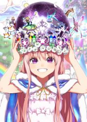 1boy 3girls :3 :d animal bird blonde_hair blush bow bug butterfly butterfly_wings cape crayon creature crown dolphin dress fairy ferris_wheel fireworks flower fur_trim giraffe grin happy hat head_wings insect insect_wings kawakami_rokkaku long_hair looking_at_viewer moon multiple_girls musical_note no_pupils open_mouth original pink_hair purple_crown purple_eyes rainbow riding salute sidelocks size_difference smile solo_focus space sparkle star_(symbol) sun teeth unicorn upper_body v wings