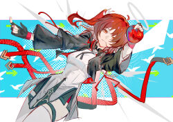 1girl apple arknights black_gloves black_jacket black_shorts commentary cropped_jacket dress exusiai_(arknights) exusiai_the_new_covenant_(arknights) fingerless_gloves food fruit gloves grey_halo hair_between_eyes hair_over_one_eye halo highres holding holding_food holding_fruit jacket long_sleeves looking_at_viewer medium_hair naoel_(naoel_art) open_clothes open_jacket red_eyes red_hair shorts side_ponytail solo thigh_strap thighhighs white_dress white_thighhighs