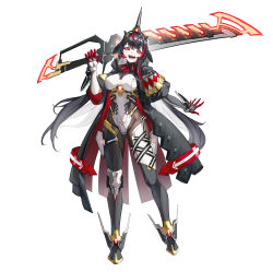 1girl absurdres black_coat black_hair boots breasts coat colored_inner_hair full_body headgear highres holding holding_sword holding_weapon huge_weapon large_breasts leotard long_hair looking_at_viewer mechanical_arms multicolored_coat multicolored_hair open_clothes open_coat open_mouth original over_shoulder pantyhose red_eyes red_hair robot_girl sharp_teeth single_leg_pantyhose smile solo standing streaked_hair sword sword_over_shoulder tachi-e teeth transparent_background two-sided_coat two-sided_fabric two-tone_hair upper_teeth_only very_long_hair weapon weapon_over_shoulder white_hair zzq