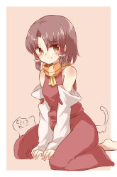 1girl absurdres barefoot benikurage_(cookie) blush border breasts brown_eyes brown_hair closed_mouth commentary_request cookie_(touhou) detached_sleeves frilled_hair_tubes frills full_body hair_tubes hakurei_reimu highres looking_at_viewer manatsu_no_yo_no_inmu miura_cat no_headwear orange_scarf outside_border parted_bangs pink_background red_shirt red_skirt scarf shirt short_hair sitting skirt sleeveless sleeveless_shirt small_breasts smile soyo1558686 striped_clothes striped_scarf touhou wariza white_border white_sleeves yellow_scarf