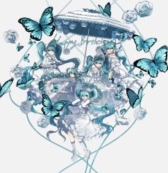 Rule 34 | 5girls, :d, :o, absurdres, animal ears, aqua eyes, aqua hair, bonnet, bow, bowtie, braid, bug, butterfly, danjou sora, drill hair, fake animal ears, flower, frilled hairband, frills, hairband, hatsune miku, highres, insect, multiple girls, open mouth, rose, smile, spaghetti strap, twin braids, twin drills, twintails, umbrella, umbrella flower, vocaloid, white bow, white bowtie, white flower, white rose