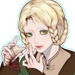 1girl aegyo_sal blonde_hair braid braided_hair_rings chewing closed_mouth dress eating elden_ring facing_viewer fingernails food green_dress green_eyes hair_rings hand_on_own_chin highres holding holding_food lips lobster lobster_tail long_sleeves looking_at_viewer mole mole_under_mouth no_eyebrows puffy_cheeks rya_(elden_ring) short_hair solo upper_body white_background yuku_11_23