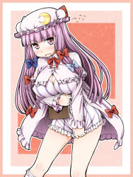 1girl aru_ra_une book breasts capelet cleavage cleavage_cutout clothing_cutout covered_erect_nipples covering_crotch covering_privates crescent dress dress_tug female_focus hair_ribbon hat highres large_breasts long_hair miniskirt open_mouth patchouli_knowledge pink_dress pink_skirt purple_eyes purple_hair ribbon short_dress skirt solo striped_clothes striped_dress sweatdrop touhou wavy_mouth