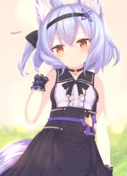 1girl absurdres animal_ear_fluff animal_ears bare_shoulders bell black_bow black_choker black_hairband black_sailor_collar black_skirt blue_hair blush bow breasts brown_eyes center_frills choker closed_mouth fox_ears fox_girl fox_tail frills hair_between_eyes hair_ornament hairband hand_up high-waist_skirt highres logical0010 looking_at_viewer neck_bell sailor_collar shirt short_hair skirt sleeveless sleeveless_shirt small_breasts smile solo tail twitter twitter_username vrchat white_shirt wrist_cuffs yuuko-zoku_no_onee-chan