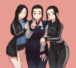 absurdres bdpp beautiful_gunbari black_jacket black_shorts hair_pulled_back han_soi hand_on_another&#039;s_shoulder hand_on_own_leg hand_up highres jacket leaning_forward long_hair long_sleeves multiple_views pink_background short_shorts shorts standing sweatdrop track_suit v zipper