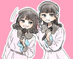 Rule 34 | 2girls, 4th live dream ~bloom the dream believers~, animification, blue ribbon, blunt bangs, cerise bouquet, collared dress, commentary request, contrast collar, dream believers, dress, flower, flower knot, grin, hair flower, hair ornament, holding, holding microphone, link! like! love live!, long sleeves, looking at viewer, love live!, microphone, motion lines, multiple girls, neck ribbon, nirei nozomi, outline, pink background, pink dress, puripuri hurai, rabbit hair ornament, real life, ribbon, rounded collar, sakurai hina, sidelocks, smile, upper body, voice actor, white flower, white outline