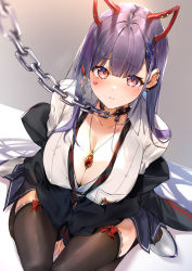 1girl akuma_nihmune akuma_nihmune_(1st_costume) black_jacket black_thighhighs blush breasts chain chain_leash cleavage collar cuffs dutch_angle earrings feet_out_of_frame highres horns indie_virtual_youtuber jacket jewelry kasumi_komo large_breasts leash long_hair looking_at_viewer oni_horns purple_hair shirt sitting skirt solo thighhighs viewer_holding_leash virtual_youtuber white_shirt