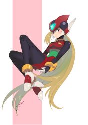 absurdres black_bodysuit black_eyes bliss_zero_(mega_man) blonde_hair bodysuit crop_top forehead_jewel genderswap genderswap_(mtf) helmet highres long_hair looking_at_viewer mega_man_(series) mega_man_zero_(series) midnight_bliss pink_background red_skirt signature simple_background skirt sumomo svc_chaos white_background zero(z)_(mega_man) zero_(mega_man)