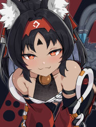 1girl animal_ear_fluff animal_ears bare_shoulders bell black_hair black_thighhighs blush breasts cat_ears cat_girl cat_tail closed_mouth dark-skinned_female dark_skin detached_sleeves facial_mark fang fang_out forehead_mark highres jingle_bell looking_at_viewer multiple_tails nat_(nashumash) neck_bell nekomiya_mana parted_bangs ponytail puffy_detached_sleeves puffy_sleeves red_eyes short_eyebrows short_shorts shorts small_breasts smile smug solo tail thighhighs triangle triangle_facial_mark two_tails zenless_zone_zero