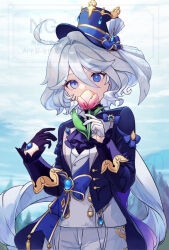 1girl asymmetrical_gloves blue_bow blue_eyes blue_hat blue_jacket bow cloud cowboy_shot day flower furina_(genshin_impact) genshin_impact gloves hair_between_eyes hat heterochromia holding holding_flower jacket long_sleeves looking_at_viewer mismatched_gloves open_clothes open_jacket outdoors purple_gloves shirt short_hair solo top_hat watermark white_gloves white_hair white_shirt yu_ri_0320