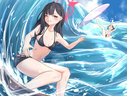 2girls absurdres bare_arms bare_shoulders bikini black_bikini black_hair black_shorts blue_archive blue_eyes blush breasts falling grin halo highres ichika_(blue_archive) ichika_(swimsuit)_(blue_archive) long_hair midriff multiple_girls negiroppon ocean official_alternate_costume one_eye_closed red_halo shirt shorts smile surfing swimsuit t-shirt white_shirt
