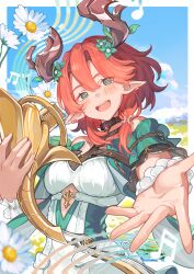 1girl absurdres bard bare_shoulders blurry blurry_foreground blush brown_horns ciaccona_(wuthering_waves) cloud commentary cutout_above_navel cyxndmr dress earclip flower green_eyes head_tilt highres holding holding_instrument horns instrument looking_at_viewer medium_hair mole mole_under_eye multicolored_dress musical_note musical_staff open_mouth outdoors outstretched_hand pointy_ears red_hair sky solo tacet_mark_(wuthering_waves) tree_horns white_background white_wrist_cuffs wrist_cuffs wuthering_waves yellow_pupils
