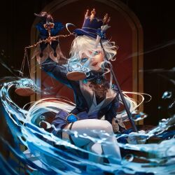 1girl ascot blue_ascot blue_brooch blue_eyes blue_hair blue_hat blue_jacket drop-shaped_pupils furina_(genshin_impact) genshin_impact hat holding_scale hydro_symbol_(genshin_impact) hydrokinesis jacket laura_crqll long_hair looking_at_viewer mismatched_pupils multicolored_hair open_mouth streaked_hair symbol-shaped_pupils thighhighs top_hat two-tone_hair very_long_hair water white_hair white_thighhighs