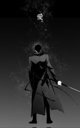 1boy benkdjjituibot black_coat black_hair boots coat combat_boots full_body greyscale highres holding holding_sword holding_weapon male_focus monochrome omniscient_reader&#039;s_viewpoint popped_collar short_hair sky solo standing star_(sky) starry_sky sword weapon yoo_joonghyuk
