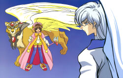 1990s_(style) 1boy 1girl absurdres antenna_hair blue_background blue_thighhighs bow brown_hair capelet cardcaptor_sakura closed_mouth earrings expressionless full_body fuuin_no_tsue gloves green_eyes hat highres holding holding_wand jewelry kerberos kinomoto_sakura kinomoto_sakura_(dream_sakura) legs_apart lion long_hair looking_at_another magical_girl official_art orange_bow pink_capelet pink_hat pom_pom_(clothes) retro_artstyle shoes short_hair shorts simple_background standing takahashi_kumiko thighhighs wand white_eyes white_gloves white_hair white_wings wings yellow_eyes yellow_shorts yellow_wings yue_(cardcaptor_sakura)