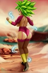 1girl absurdres adapted_costume alternate_costume aqua_eyes ass ass_focus back backboob boots breasts desert dust earrings electricity evil_smile full_body garter_straps highres jewelry kefla_(dragon_ball) large_breasts legendary_super_saiyan looking_back muscular muscular_female novasayajingoku potara_earrings rock smile smoke spiked_hair super_saiyan thighhighs veins