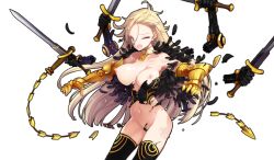 1girl bare_shoulders blonde_hair blue_eyes breasts choker destruction eiyuu_senki gauntlets gilgamesh_(eiyuu_senki) large_breasts long_hair non-web_source ooyari_ashito thighhighs torn_clothes transparent_background