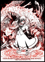 Rule 34 | 00s, 1girl, blood, bow, creepy, demon, dragon, energy wings, epic, female focus, fingerless gloves, gloves, horror (theme), japanese text, lyrical nanoha, magic circle, magical girl, mahou shoujo lyrical nanoha, monochrome, onsokuzekuu, raising heart, raising heart (exelion mode), red theme, shoes, skull, solo, takamachi nanoha, takamachi nanoha (sacred mode), translated, twintails, white devil, winged footwear, wings, yandere