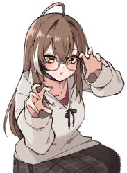 1girl ahoge alternate_costume black_choker black_skirt blush brown_hair choker claw_pose collarbone cowboy_shot glasses grey_hoodie hair_between_eyes highres hololive hololive_english hood hoodie long_hair looking_at_viewer multicolored_hair nanashi_mumei plaid_clothes plaid_skirt seion simple_background sitting skirt solo streaked_hair virtual_youtuber white_background white_hair yellow_eyes