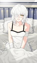 Rule 34 | 1girl, bandaged arm, bandages, bare shoulders, breasts, chemise, claudia hortensia, collarbone, commentary request, cowboy shot, eyepatch, fate/grand order, fate/zero, fate (series), game cg, hands on lap, looking at viewer, medical eyepatch, medium breasts, medium hair, nakatani (naka6130), official art, on bed, one eye covered, parted lips, pillow, sitting, smile, solo, spaghetti strap, third-party source, white chemise, white hair, white theme, yellow eyes