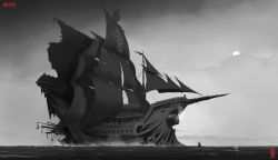 1other absurdres artist_name copyright_name den_(denwhat) highres monochrome ocean outdoors pirate pirate_ship riot_games ship solo standing tagme water watercraft