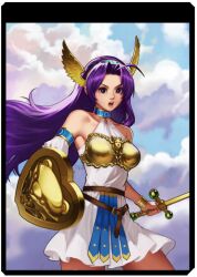 1girl asamiya_athena breasts dress female_focus gold hairband heaven jewelry large_breasts long_hair looking_at_viewer open_mouth outdoors pale_skin princess_athena purple_eyes purple_hair skirt sky snk_heroines:_tag_team_frenzy snk_vs_capcom_svc_chaos standing the_king_of_fighters thighs wings