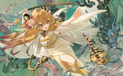 1girl aisaka_taiga artist_name brown_eyes brown_hair chinese_commentary commentary_request commission dragon eastern_dragon flower guozizha hair_flower hair_ornament highres holding holding_sword holding_weapon japanese_clothes kimono knee_up long_hair obi obiage obijime okobo open_mouth platform_sandals sandals sash solo sword tabi teeth tiger toradora! upper_teeth_only watermark weapon wooden_sword yellow_sash