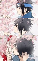 1boy 1girl black_eyes black_hair blue_shirt blush boruto:_naruto_next_generations cherry_blossoms closed_eyes couple falling_petals forehead_protector grabbing_another&#039;s_chin grey_shirt hairband hand_on_another&#039;s_chin haruno_sakura headband highres imminent_kiss kiss looking_at_object mushroomuaa naruto_(series) naruto_shippuuden petals pink_hair shirt short_hair spiked_hair uchiha_sasuke